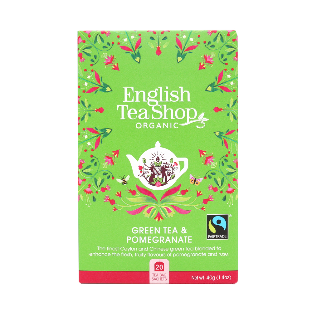 English Tea Shop Luomu Vihreä Tee Green Tea &amp; Pomegranate 20 pss, Reilu (6 x 40 g) FI-EKO-201