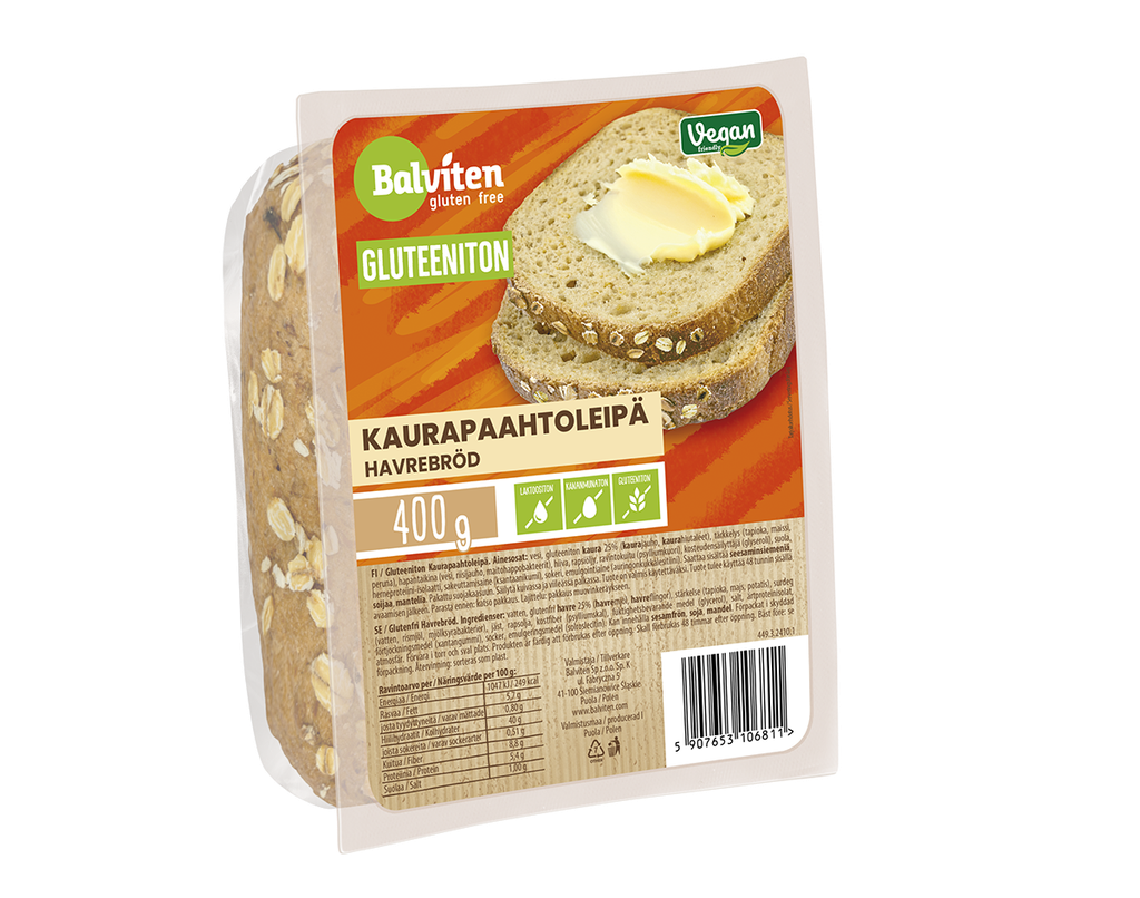 Balviten Gluteeniton Kaurapaahtoleipä 400g x 4