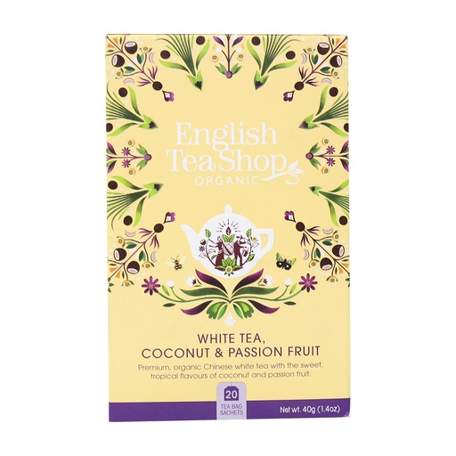 [05297] English Tea Shop Luomu Valkoinen Tee White Tea, Coconut & Passion Fruit 20 pss (6 x 40 g) FI-EKO-201